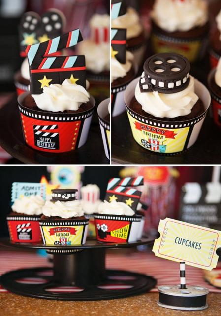 Cupcakes decorados com motivos de cinema e Hollywood