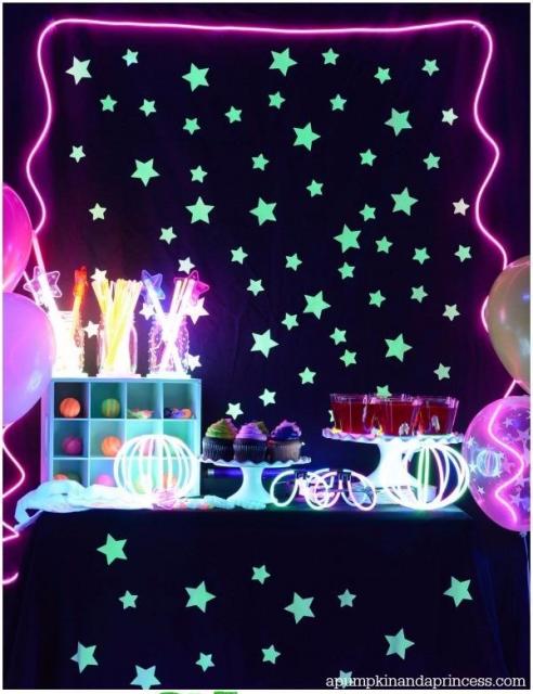 Diversas estrelinhas que brilham no escuro em uma parede preta.