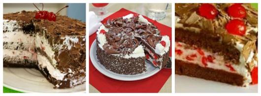 Montagem com três bolos floresta negra.