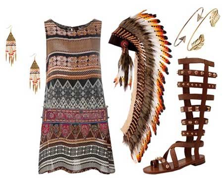 fantasia de índia improvisada com vestido estampado, sandália gladiadora e cocar americano