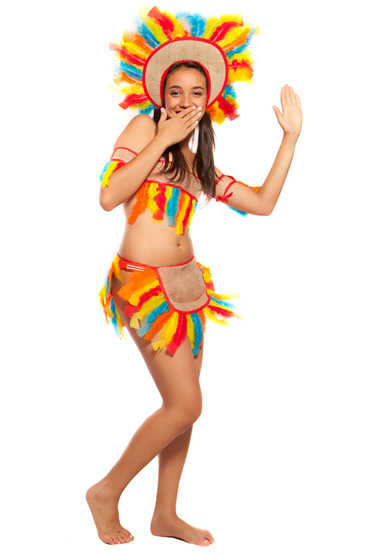fantasia de índiaa com top, saia, cocar coloridos