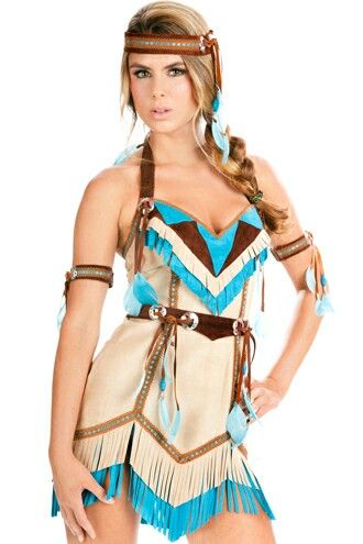 fantasia de índia americana de vestido bege com detalhes em azul