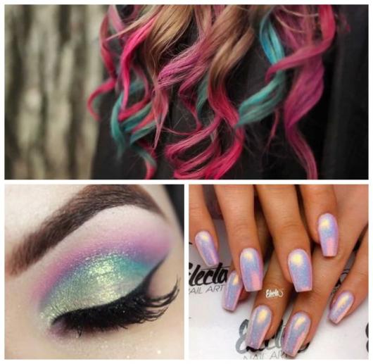 Montagem com cabelo colorido, sombra nos olhos brilhante e unha holográfica.