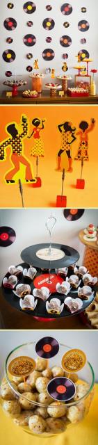 Montagem com ideias de decoração para a mesa de bolo e doces.