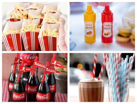 Montagem com batata-frita, coca-cola, milkshake, catchup e mostarda.