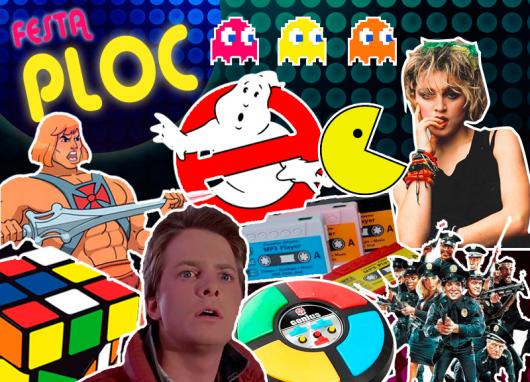 Convite para festa retrô com vários jogos e Madonna.