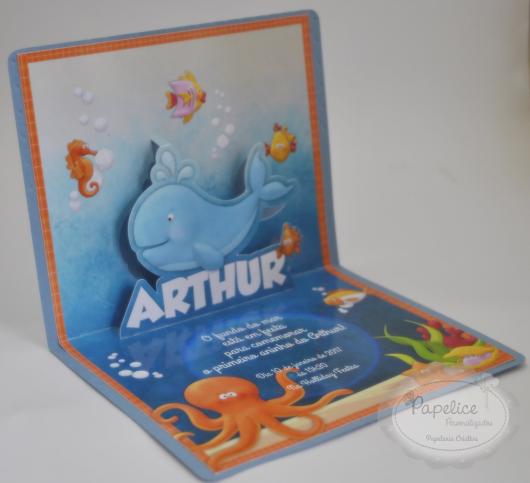 Convites fundo do mar scrapbook azul e laranja