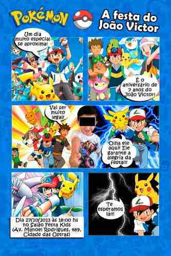 Convites Pokémon história em quadrinhos com os personagens