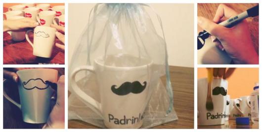 Montagem com passo a passo para fazer caneca personalizada.