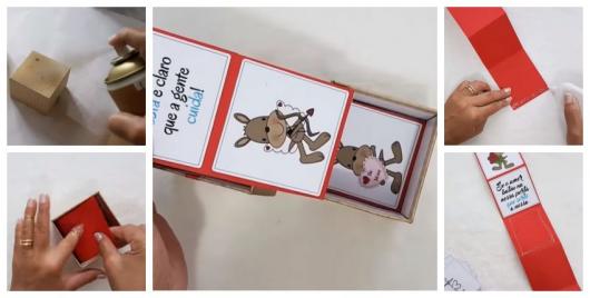 Montagem ensinando a fazer caixa surpresa.