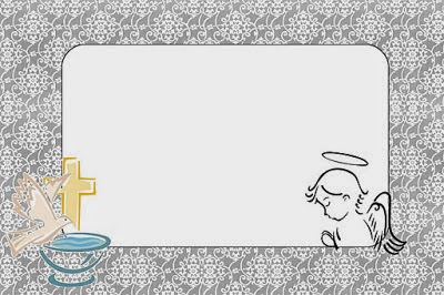 Convite preto e branco com cruz, pomba e anjo.