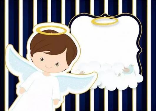 Convite listrado de azul marinho e branco.