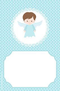Convite azul com anjinho e espaço em branco para preenchimento.