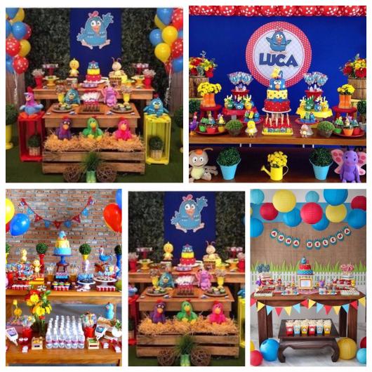 Montagem com 5 fotos de festa da galinha pintadinha rústica.