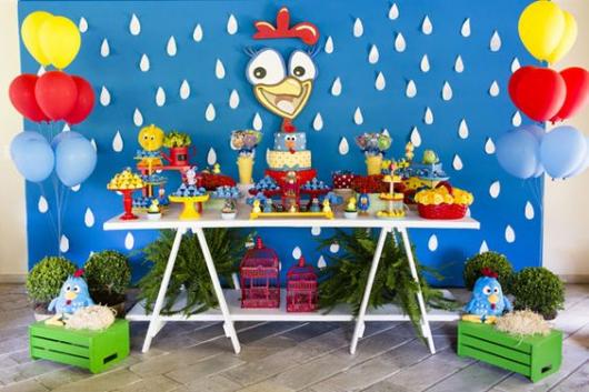 Fundo de mesa azul com rosto da Galinha Pintadinha e pingos brancos.