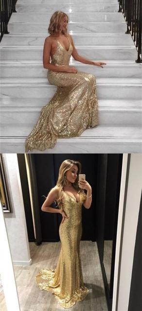 Montagem com duas fotos com mulher usando vestido dourado.