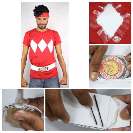 Montagem ensinando a fazer camiseta e cinto dos Power Rangers.