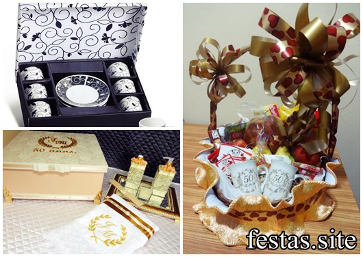 Presentes para Bodas de Ouro: Xícaras, canecas personalizadas e kit higiene.