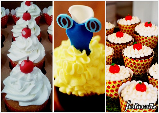 Cupcake Branca de Neve decorado com chantilly e apliques de pasta americana