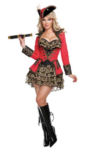 Fantasias Femininas pirata preta vermelha e dourada