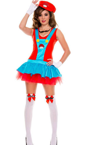 Fantasias Femininas Mario Bros vestido azul e vermelho babado