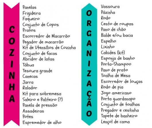 Chá de Casa Nova lista de presentes