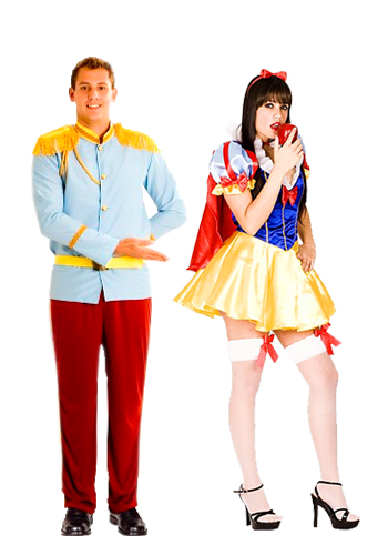 Fantasia Branca de Neve com o príncipe de fantasia azul e vermelha