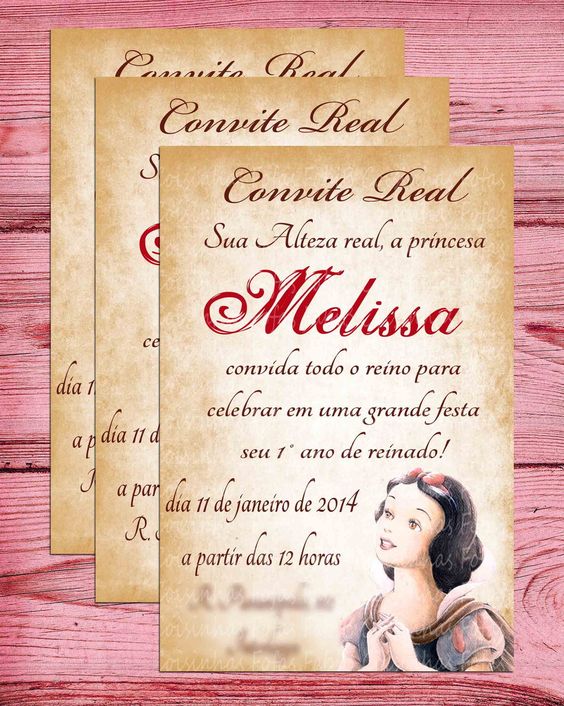 Exemplo de convite de pergaminho, com desenho da Branca de Neve.