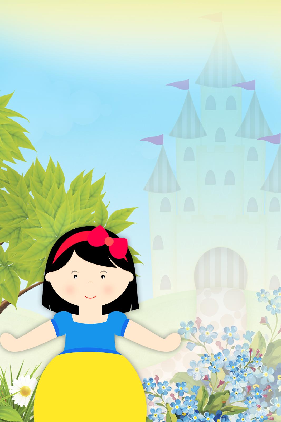 Desenho da Branca de Neve, com castelo atrás.