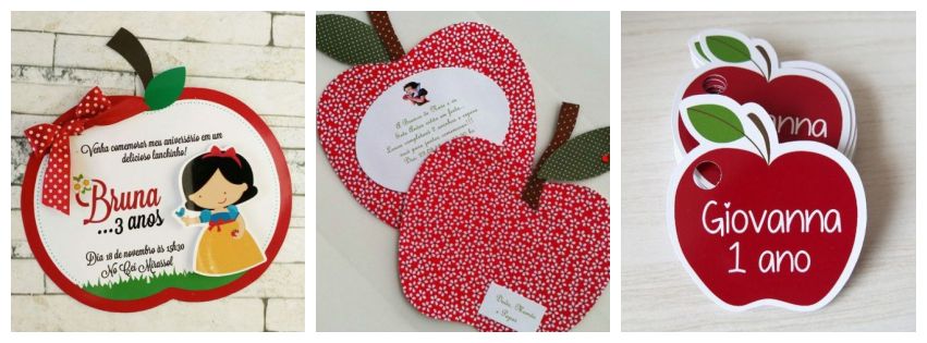 Montagem com três tipos de convites Branca de Neve com formato de maçã.