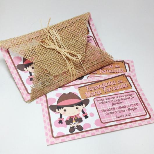 Convites Fazendinha rosa com juta