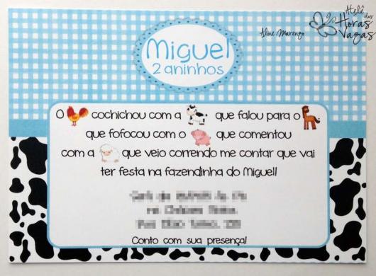 Convites Fazendinha cartão azul