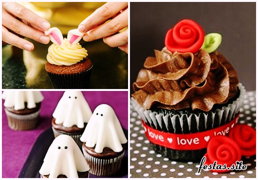 Cupcake de Chocolate modelos decorados comn apliques de pasta americana coelho, fantasma e rosa