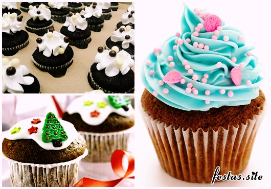 Cupcake de Chocolate modelos decorados com chantilly e glacê