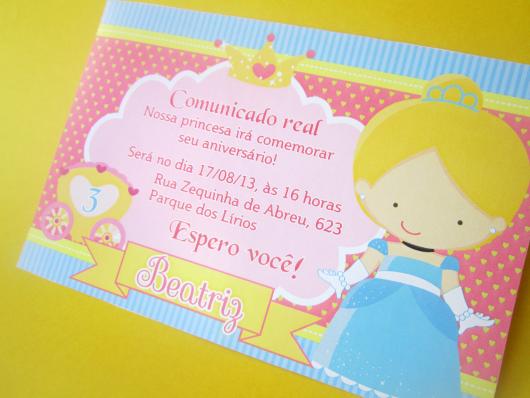 Convite da Festa Cinderela azul, rosa e amarelo