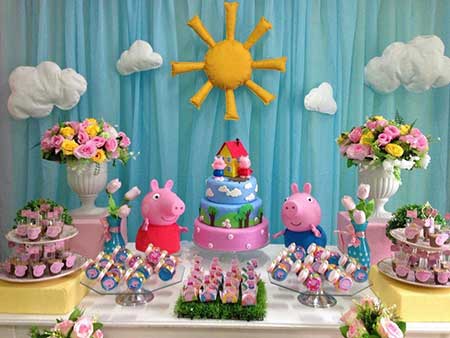 Decoração Festa Peppa Pig painel de tecido azul e sol de feltro