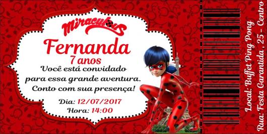 Convites Ladybug vermelho e branco no estilo ingresso