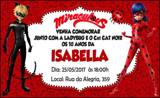 Convites Ladybug e Cat Noir com fundo vermelho
