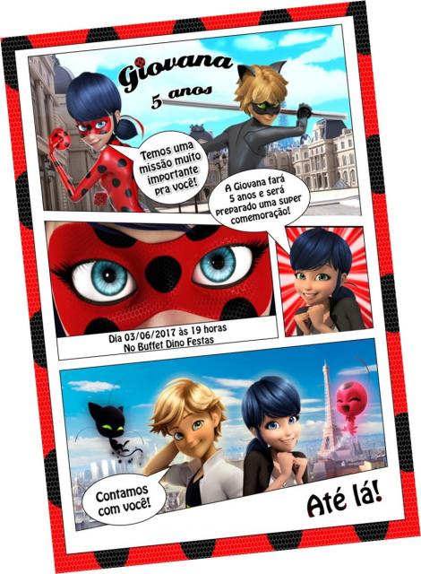 Convites Ladybug com Cat Noir no estilo gibi