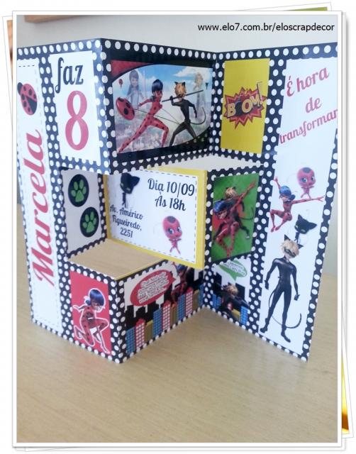 Convites Ladybug com Cat Noir no estilo scrap em formato de cubo aberto