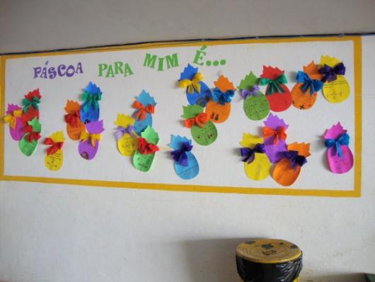 Decoração de Páscoa Para Escola: painel com ovos coloridos