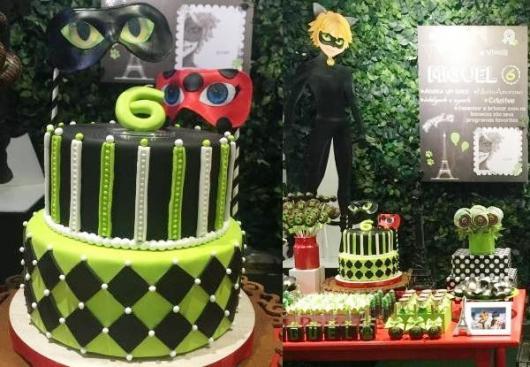Decoração da Festa Ladybug e Cat Noir com bolo verde, preto e branco