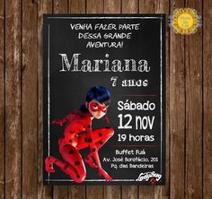 Convite Festa Ladybug com fundo preto e letras em branco