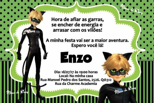 Convite Festa Ladybug e Cat Noir verde e preto