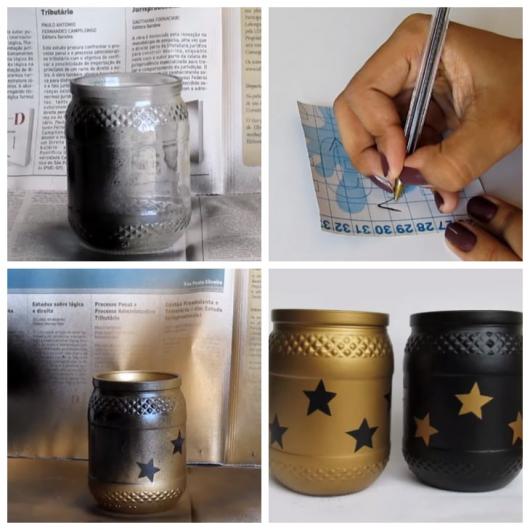 Montagem com lembrancinha de pote de vidro enfeitado com estrelas.