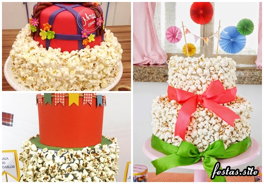 Bolo fake de pipoca com laço verde e rosa