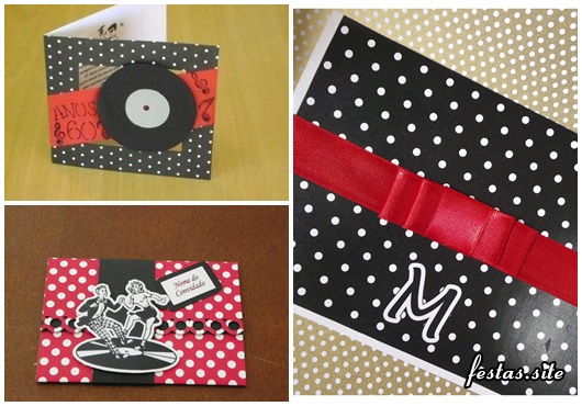 Fotos e Ideias de Convite Anos 60 estampa de poá preto, branco e vermelho