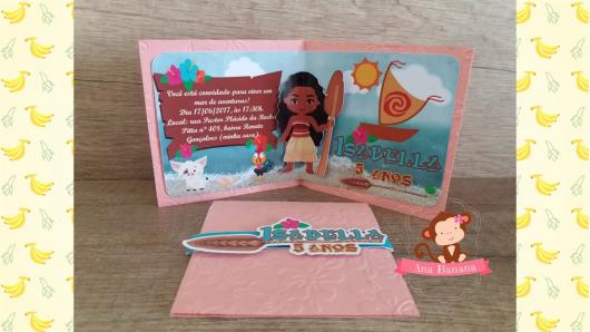 Convite Moana pop up rosa com aplique 3D
