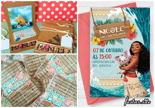Convite Moana modelos cartão com envelope e scrap no papel craft