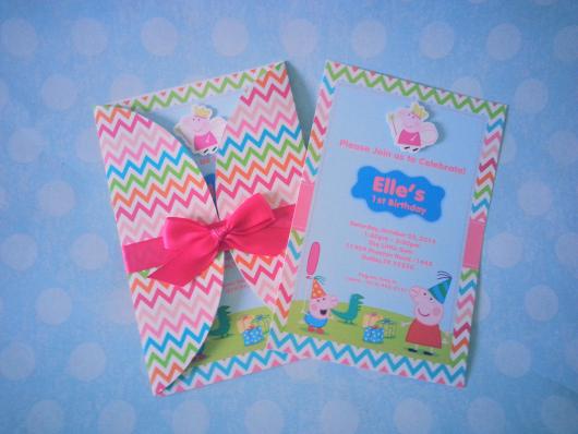 convite Peppa Pig com fita de cetim